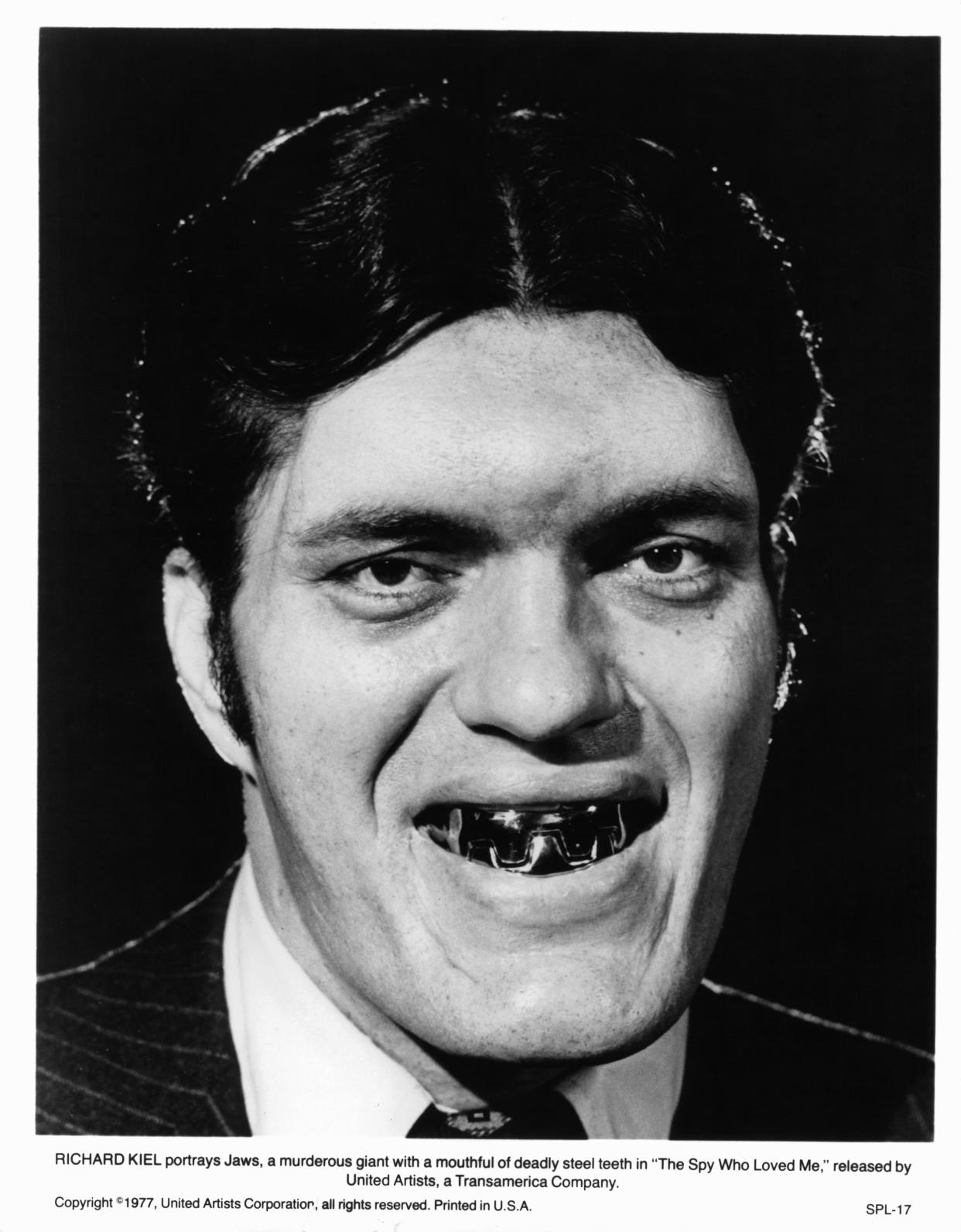 Richard Kiel portrays Jaws, a murderous giant with a mouthful of deadly steel teeth in a scene from the film 'The Spy Who Loved Me', 1977. (Photo by United Artist/Getty Images)