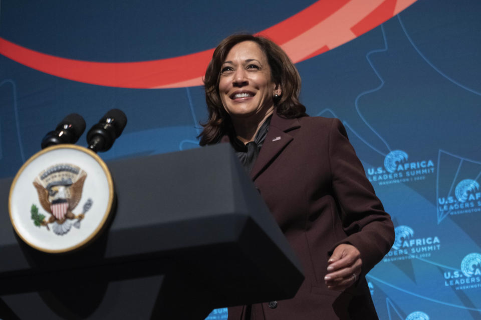 Vice President Kamala Harris arrives to speak to the African Diaspora Young Leaders Forum, Tuesday, Dec. 13, 2022, at the Smithsonian National Museum of African American History and Culture, in Washington. (AP Photo/Jacquelyn Martin)