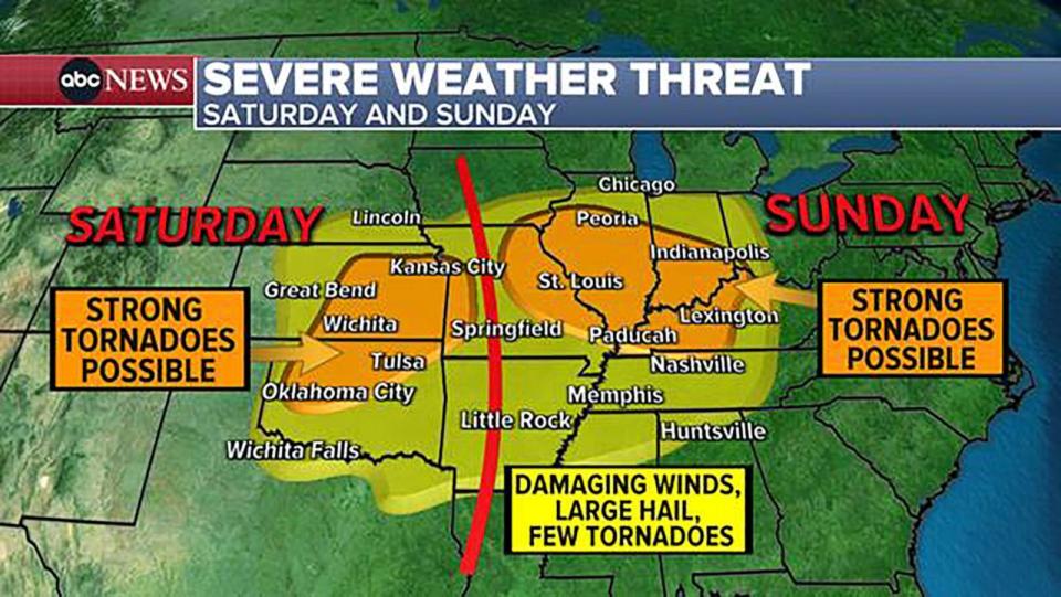 PHOTO: Severe weather threat for Saturday and Sunday. (ABC News)