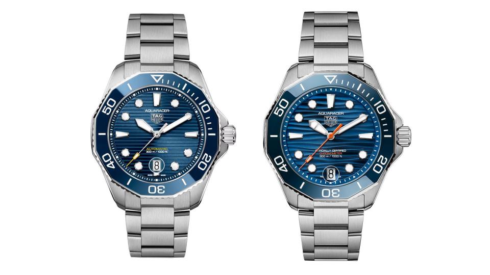 圖左是前一版的Aquaracer Professional 300，圖右則是新版本。新一代搭的是TH31-00自製機芯，錶徑變小1mm、錶殼變薄0.5mm，並且將過去出現在同系列36mm女錶的波浪紋沿用到這次的新作。