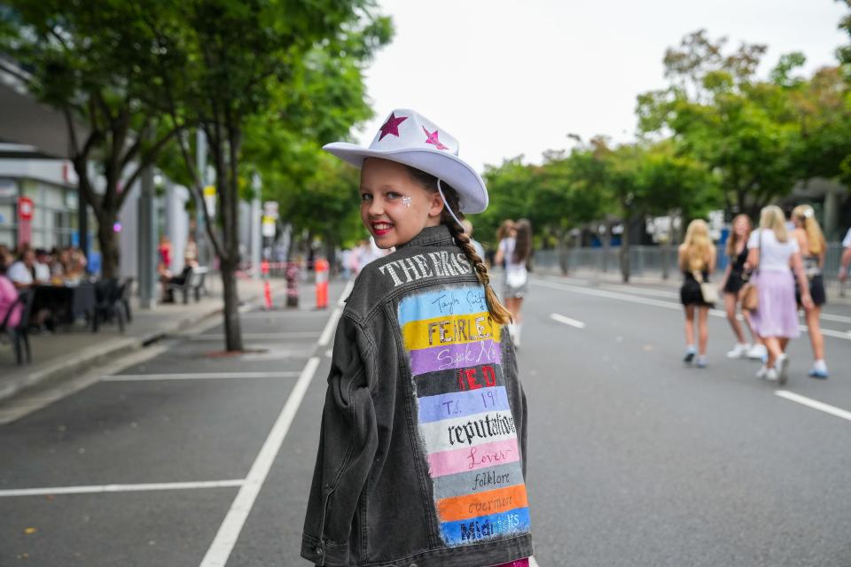 Evangeline Godden shows off "Dave's Jacket," a coat that has been to 46 Eras Tour shows, on Saturday, Feb. 24, 2024.