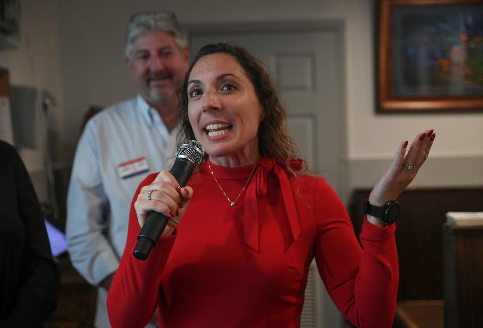 Jamie Fowler, St. Lucie County Commission District 4 candidate, gives her victory speech to her supporters while celebrates with friends and family at 12A Buoy a Fisherman's Wharf on Tuesday, Nov. 8, 2022 in Fort Pierce. "I feel as though we put in the work, and I'm super excited, and honestly I am ready to get to work on the 22nd," Fowler said. "I want to work on increasing accountability and transparency to our voters, with our county commission."