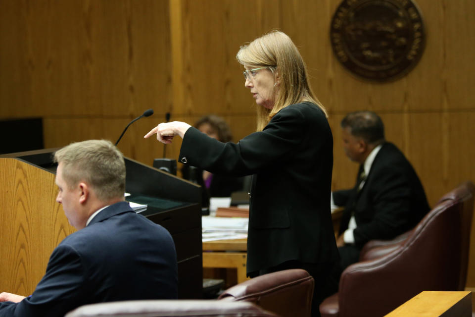 FILE - In this file photo from July 30, 2018 shows Douglas County Chief Assistant District Attorney Amy McGowan during a murder trial in Douglas County District Court in Lawrence, Kan. McGowan is retiring amid calls for her to step down after a Missouri judge overturned the double murder conviction of a man whom she helped send to prison more than two decades ago. (Amy McGowan Lawrence Journal-World via AP)