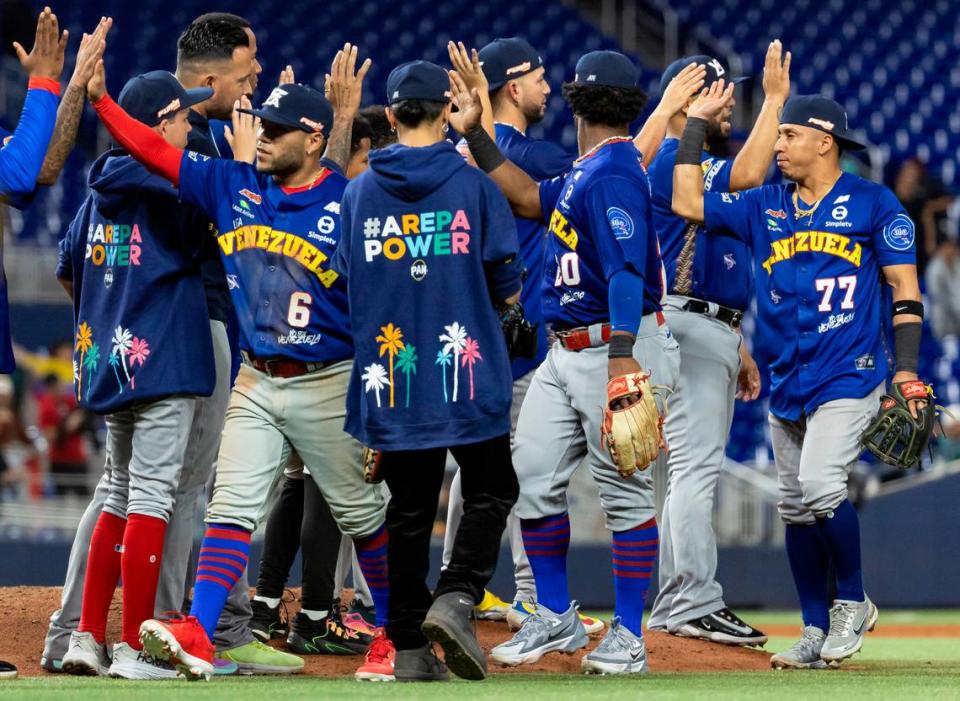 Venezuela players celebrate after defeating Mexico in their Caribbean Series baseball game at loanDepot park on Monday, Feb. 5, 2024, in Miami, Fla.