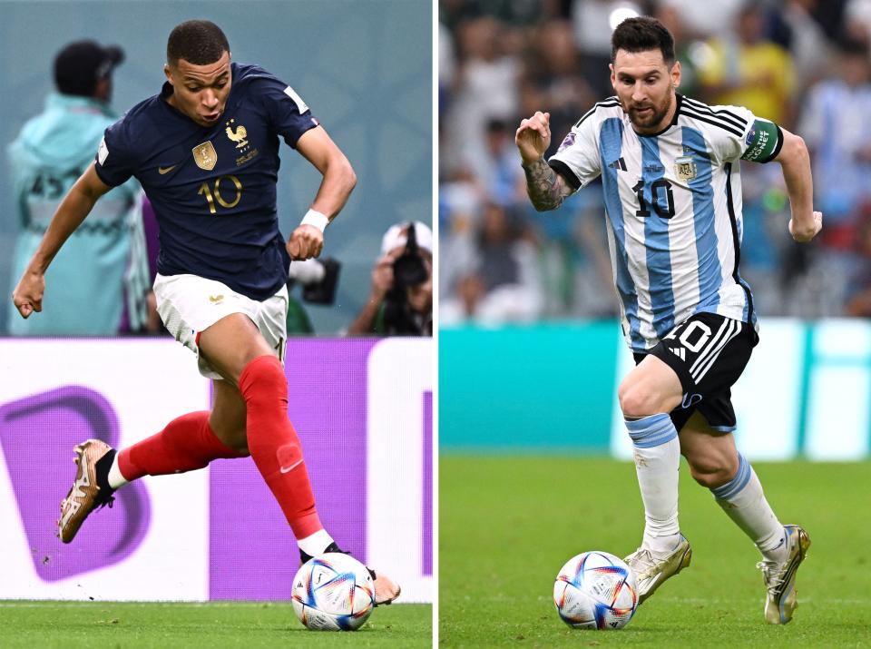 Lionel Messi（梅西）領軍的阿根廷與Kylian Mbappe（姆巴佩）率領的衛冕軍法國將於卡達世足決賽碰頭。（Photo by JEWEL SAMAD,ALFREDO ESTRELLA/AFP via Getty Images）