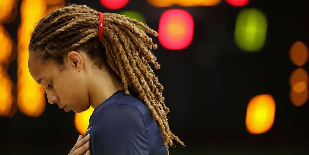 rio de janeiro, brazil august 12 brittney griner 15 of united states stands attended for the national anthem before the womens basketball game against canada on day 7 of the rio 2016 olympic games at the youth arena on august 12, 2016 in rio de janeiro, brazil photo by christian petersengetty images