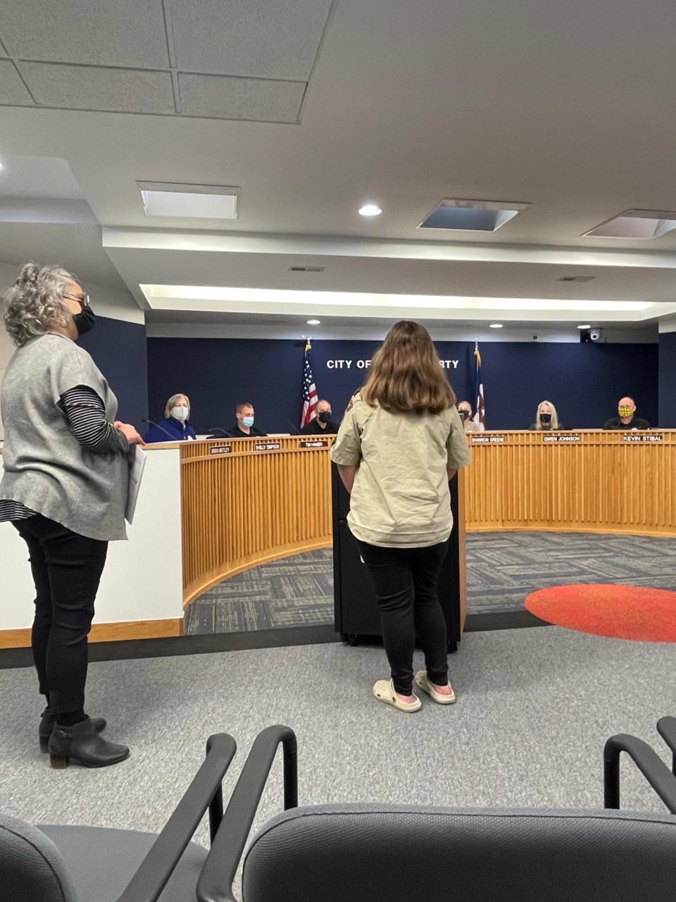 Audrey Egge, a member of Cub Scout BSA Troop 270, presents in front of the North Liberty City Council in April.