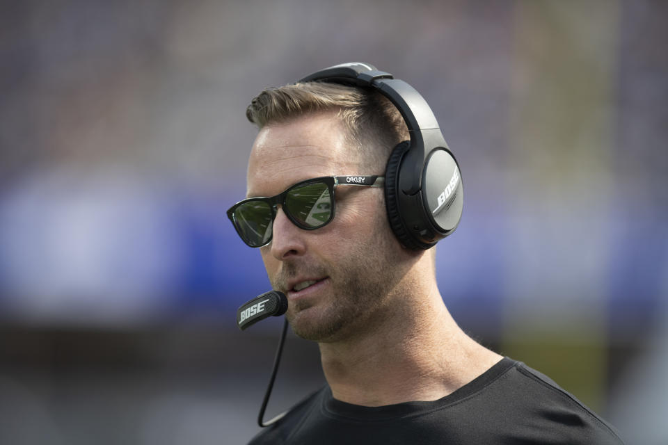 Arizona Cardinals head coach Kliff Kingsbury looks on during an NFL football game against the Los Angeles Rams Sunday, Oct. 3, 2021, in Inglewood, Calif. (AP Photo/Kyusung Gong)