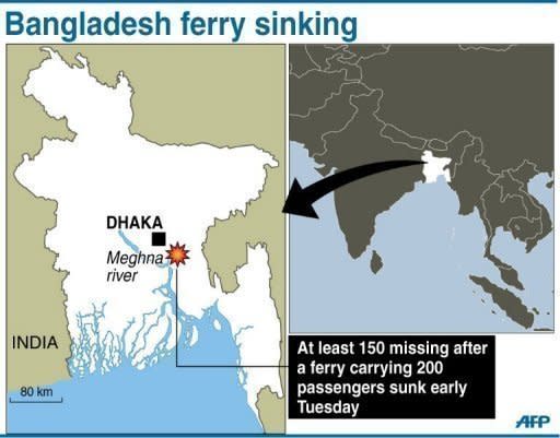 Map showing the area in Bangladesh where rescue workers and divers have pulled dozens of bodies from the wreckage of a ferry that sank after being hit by an oil barge, as the death toll rose to 112