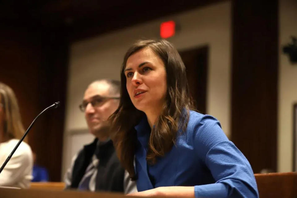 Emily Oneschuk, U.S. Navy veteran and the campaign director for Massachusetts for Mental Health Options, speaks to lawmakers during a hearing last month on a ballot question to decriminalize some psychedelics at the State House on Tuesday, March 26, 2024.