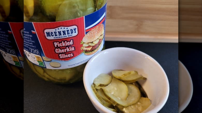 McEnnedy pickle slices in bowl and jar