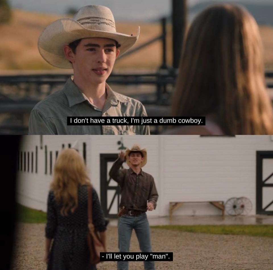 Carter (Finn Little) in "Yellowstone" season five, episode eight (top) and Rip Wheeler (Kyle Red Silverstein) in season five, episode one.