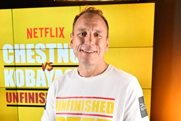 Joey Chestnut attends press conference for LIVE Chestnut vs. Kobayashi: Unfinished Beef at the Luxor on Sept. 1, 2024 in Las Vegas - Credit:  David Becker/Getty Images for Netflix ? 2024