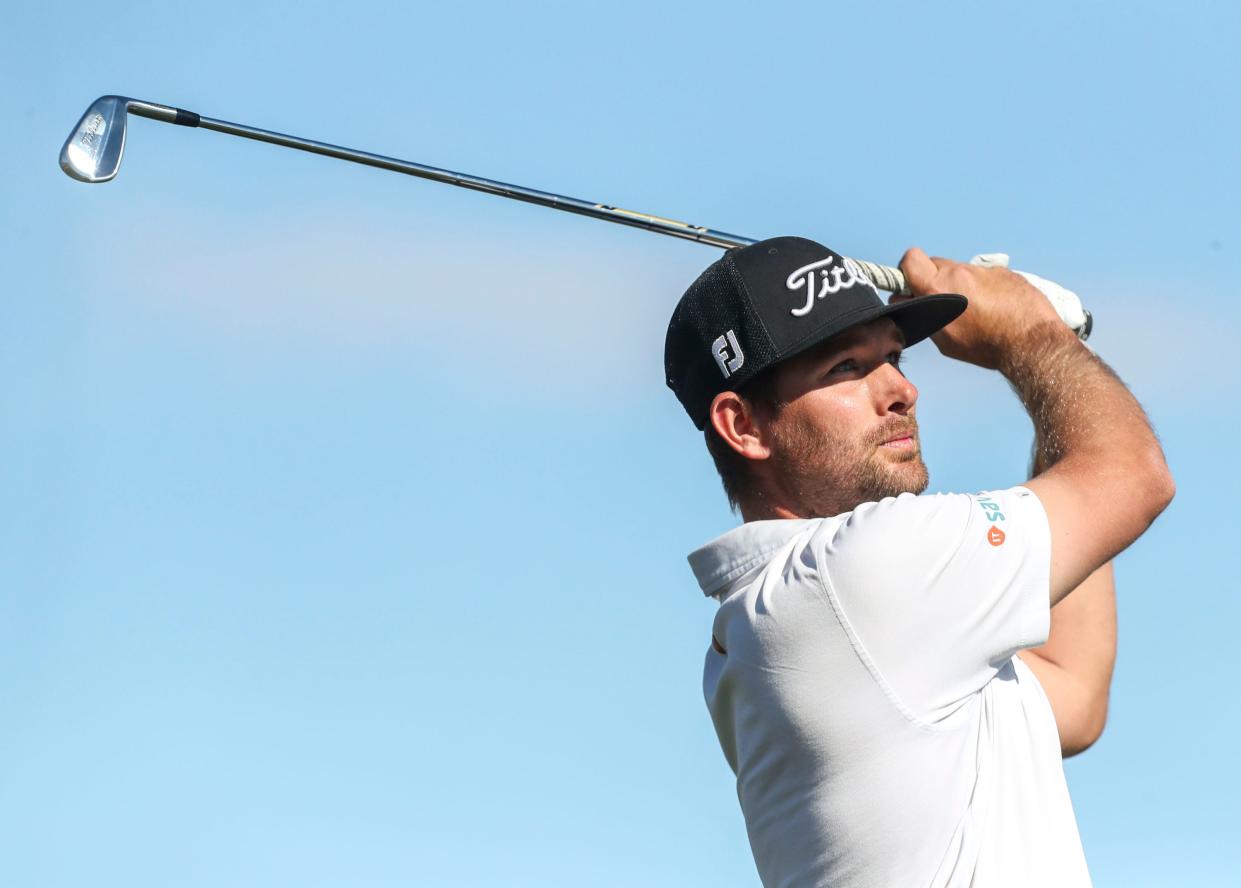 T.J. Vogel tees off on the 17th hole of the Pete Dye Stadium course during the second round of the American Express at PGA West in La Quinta, Calif., Friday, Jan. 21, 2022. 