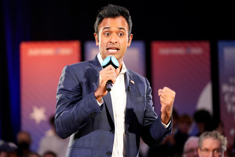 Republican presidential candidate Vivek Ramaswamy speaks during the Seacoast Media Group and USA TODAY Network 2024 Republican Presidential Candidate Town Hall Forum held in the historic Exeter Town Hall in Exeter, New Hampshire. The entrepreneur spoke to prospective New Hampshire voters about issues during the hour-long forum.