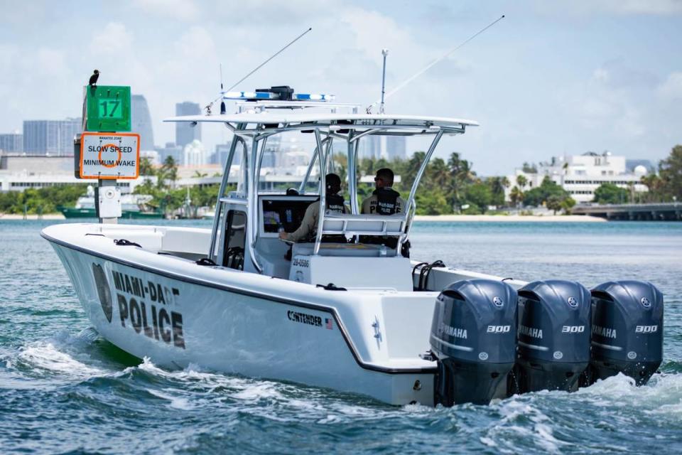 Miami-Dade Police marine patrol officers monitor the water near Crandon Park Marina on Wednesday, July 3, 2024, in Key Biscayne, Florida.