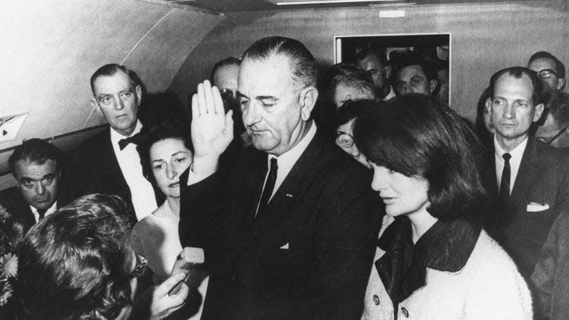 Lyndon B. Johnson is sworn in as president on Nov. 22, 1963, hours after President John F. Kennedy was assassinated, with First Lady Jackie Kennedy by his side. This image is among those shared in a film recently created by the Overbrook Historical Society and Museum sharing Overbrook residents' memories regarding Kennedy's death.