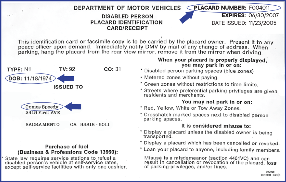 An image of a disabled person placard identification receipt. Starting June 30, holders must sign a renewal form once every six years for a new placard.