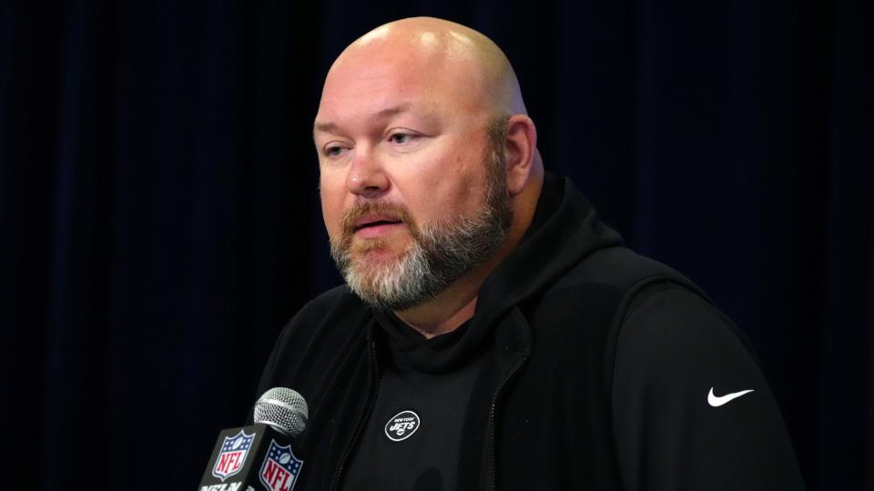 Feb 28, 2024; Indianapolis, IN, USA; New York Jets general manager Joe Douglas speaks at a press conference at the NFL Scouting Combine at Indiana Convention Center.