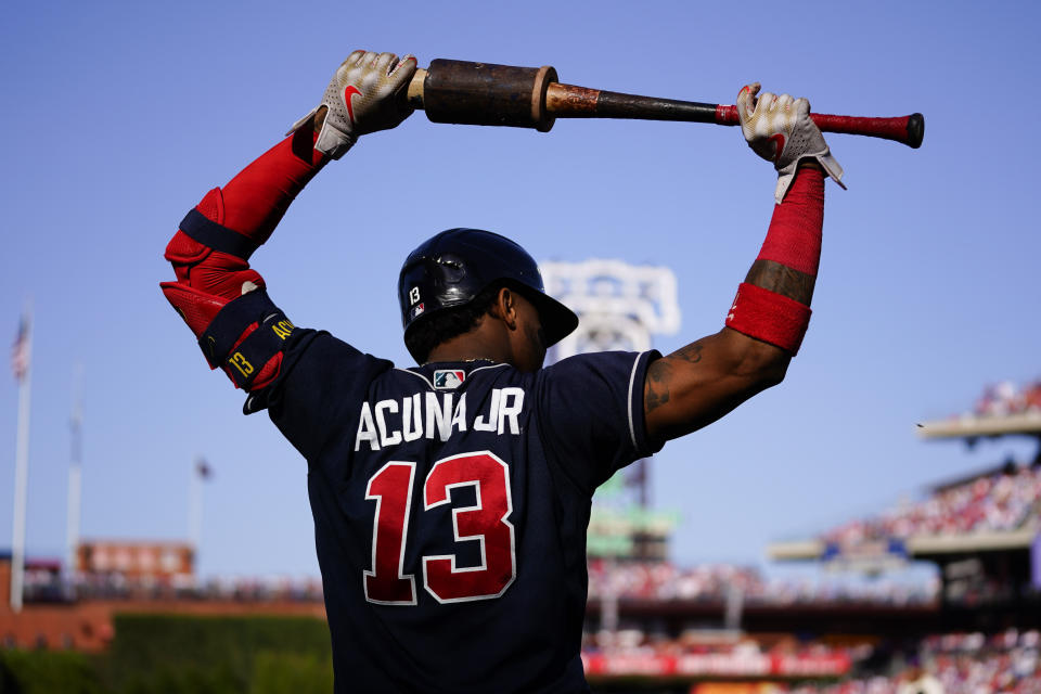 Atlanta Braves Ronald Acuna Jr. (13) prepares to bat during the third inning in Game 4 of baseball's National League Division Series between the Philadelphia Phillies and the Atlanta Braves, Saturday, Oct. 15, 2022, in Philadelphia. (AP Photo/Matt Slocum)