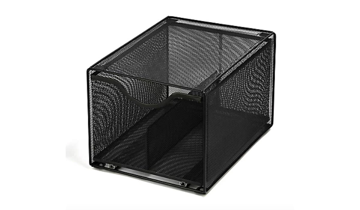 Black metal mesh storage drawer with divider in center