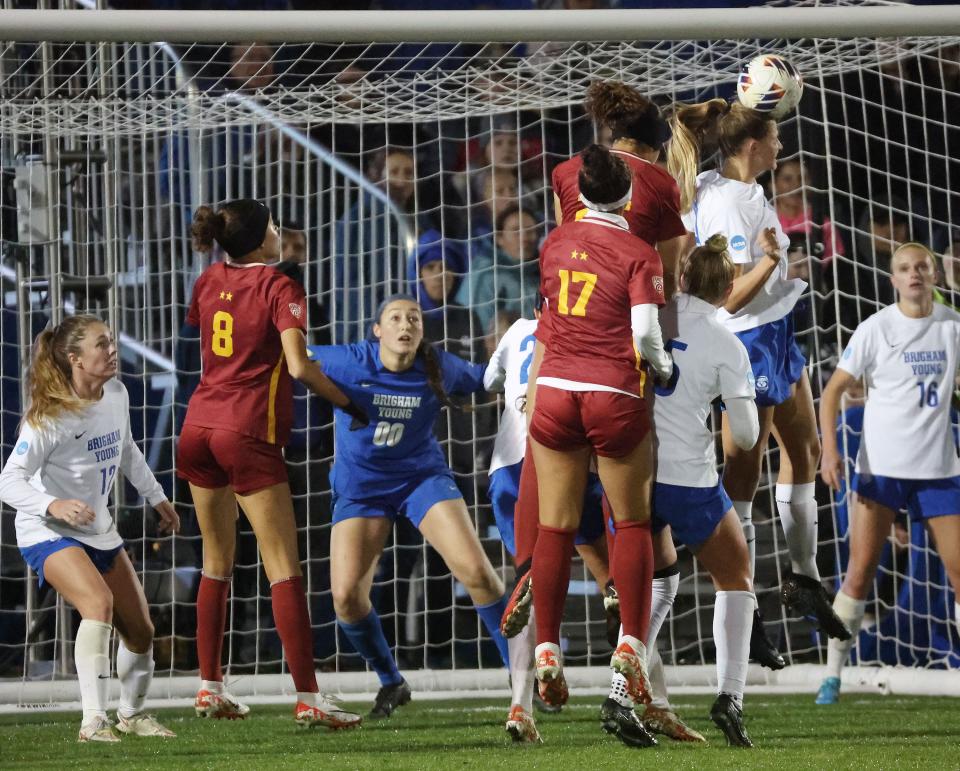 BYU defender Izzi Stratton (24) heads the corner kick during the second round of the NCAA championship in Provo on Thursday, Nov. 16, 2023. BYU won 1-0. | Jeffrey D. Allred, Deseret News