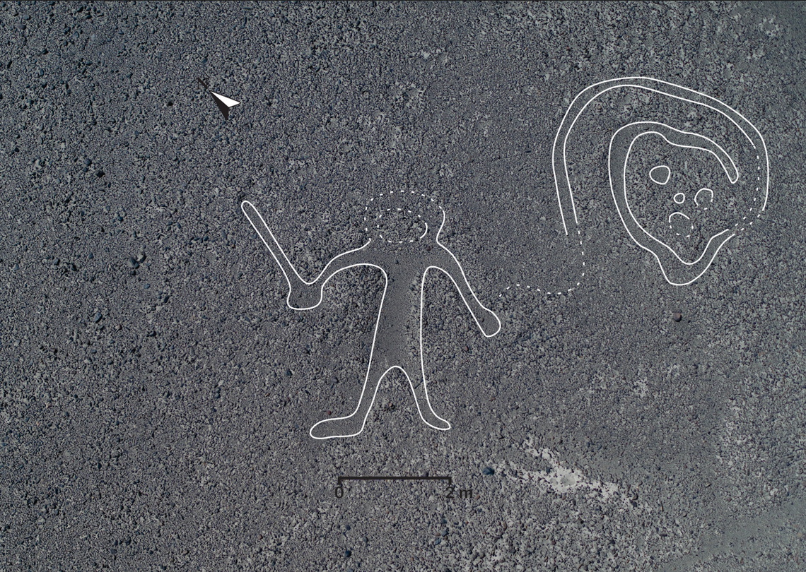 Geoglyphs of a human figure and abstract swirl.