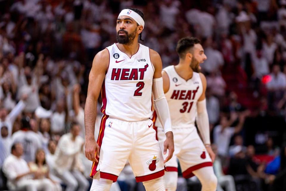 Miami Heat point guard Gabe Vincent (2) reacts to hitting a shot during Game 3 of the NBA Eastern Conference Finals series against the Boston Celtics at Kaseya Center in Miami, Florida, on May 21, 2023.