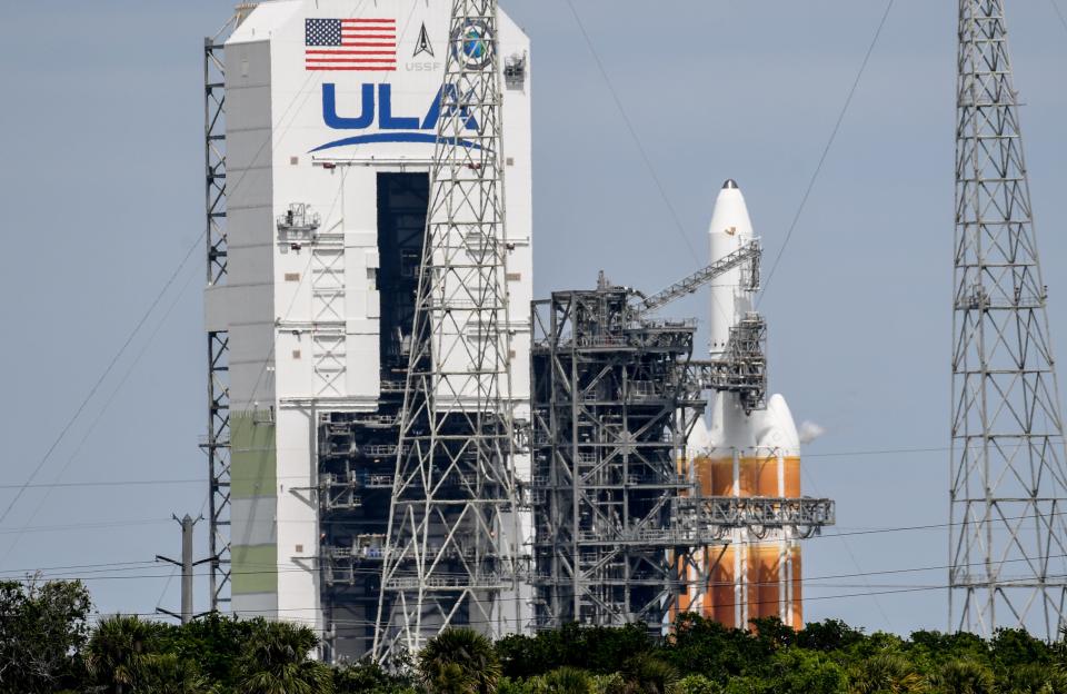 United Launch Alliance Delta IV Heavy awaits its final flight from Launch Complex 37 at Cape Canaveral Space Force Station on Tuesday. Here it's seen on Thursday, March 28, 2024, after a scrub due to a problem with a pipeline pump. The rocket is carrying a classified payload for the National Reconnaissance Office. Craig Bailey/FLORIDA TODAY via USA TODAY NETWORK