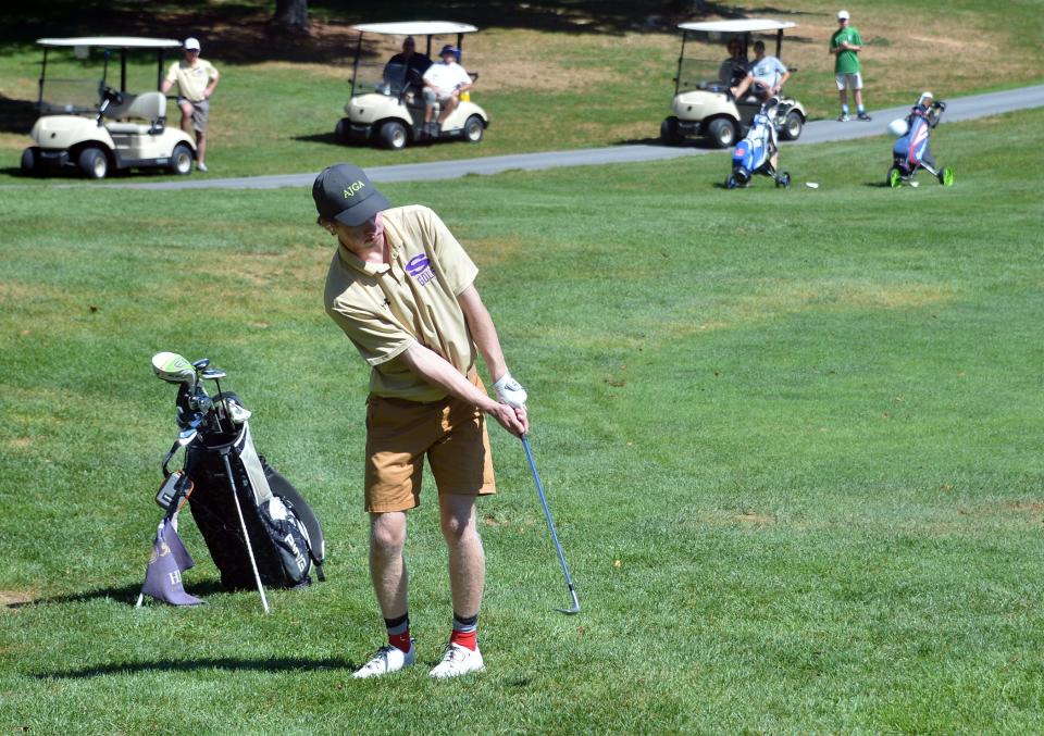 Smithsburg senior Andrew Bushey chips onto the 13th green during the Washington County Public Schools golf tournament on Sept. 1, 2022, at Black Rock. Bushey shot a 1-under 71 to win low-medalist honors.