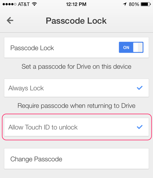 Google Drive passcode lock settings screen