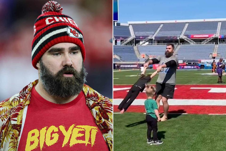 <p>Getty;NFL/Instagram</p> Jason Kelce plays with his kids on Feb. 3