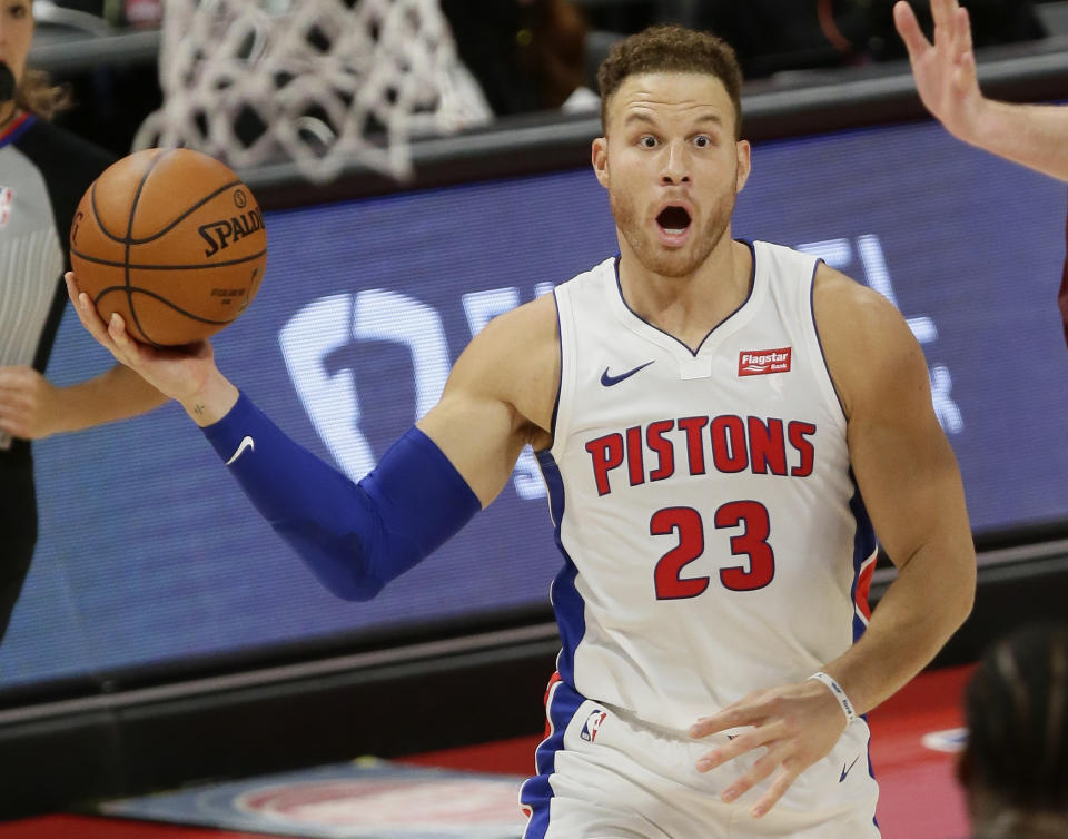 Detroit Pistons forward Blake Griffin (23) passes the ball against the Cleveland Cavaliers during the first half of an NBA basketball game Saturday, Dec. 26, 2020, in Detroit. (AP Photo/Duane Burleson)