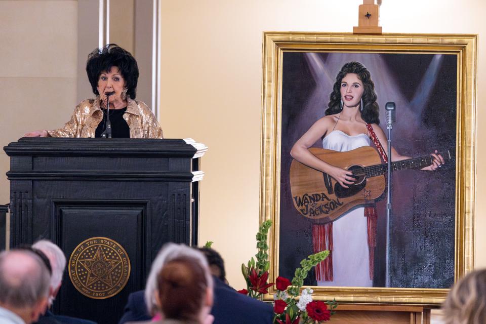 Wanda Jackson speaks as her portrait is revealed Wednesday at the Oklahoma Capitol.