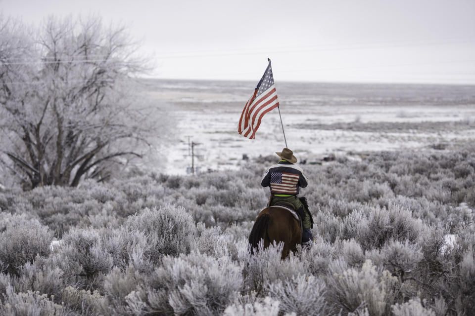 Duane Ehmer rides his horse at the occupied Malheur National Wildlife Refuge in Burns, Oregon, Jan. 7, 2016. (Photo: ROB KERR via Getty Images)