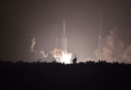 Long March-7 rocket carrying Tianzhou-1 cargo spacecraft lifts off from the launching pad in Wenchang, Hainan province, China, April 20, 2017. China Daily/via REUTERS