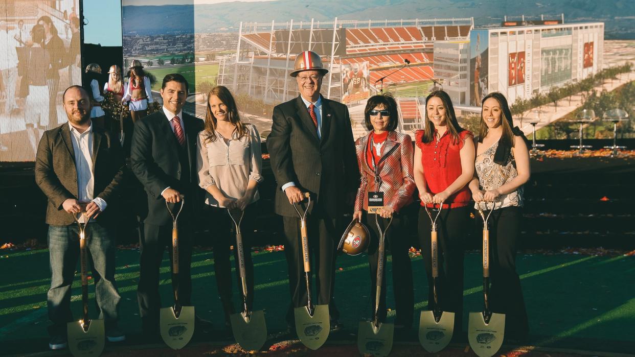 Jed York, John York, Denise DeBartolo York San Francisco 49ers owner Jed York, second from left, poses for a photo with family members, including his wife Danielle, third from left, and his parents, John York and Denise DeBartolo York, fourth and fifth from left, at a groundbreaking ceremony at the construction site for the San Francisco 49ers' NFL football stadium in Santa Clara, Calif49ers Stadium Football, Santa Clara, USA.