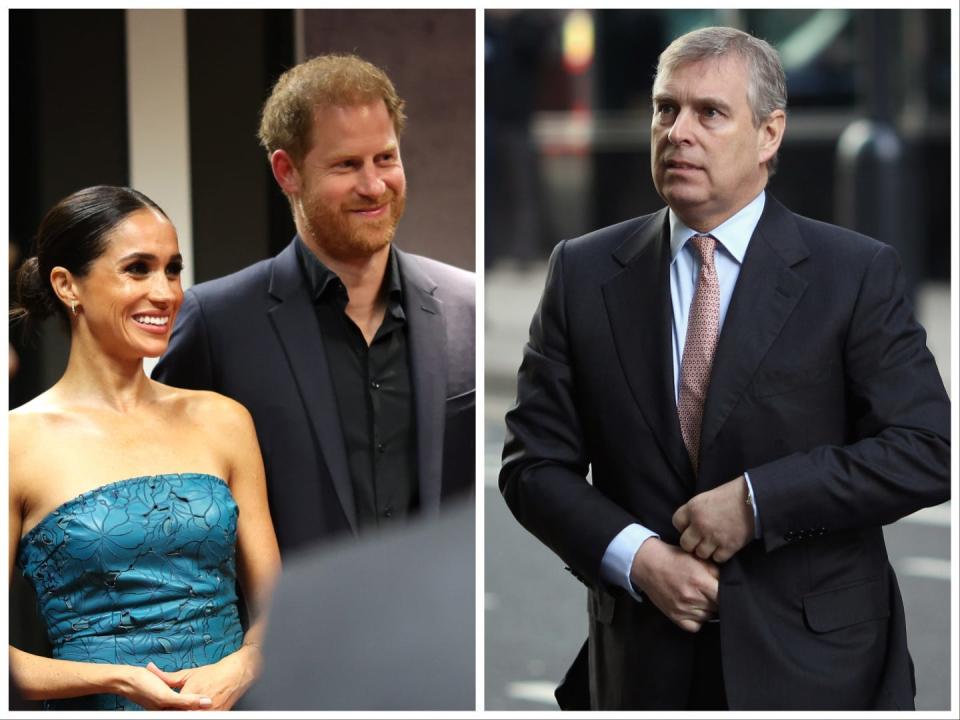 Meghan and Harry smiling at the Invictus games, Prince Andrew walking in a suit