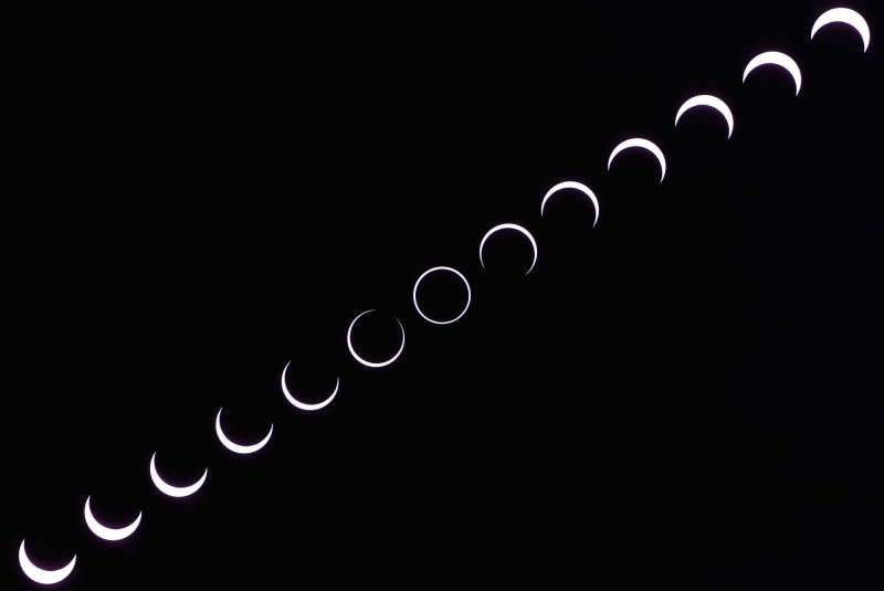 A composite image shows the moon covering the sun during an annular "Ring of Fire" solar eclipse near Bluff, Utah, in October. File Photo by Bob Strong/UPI