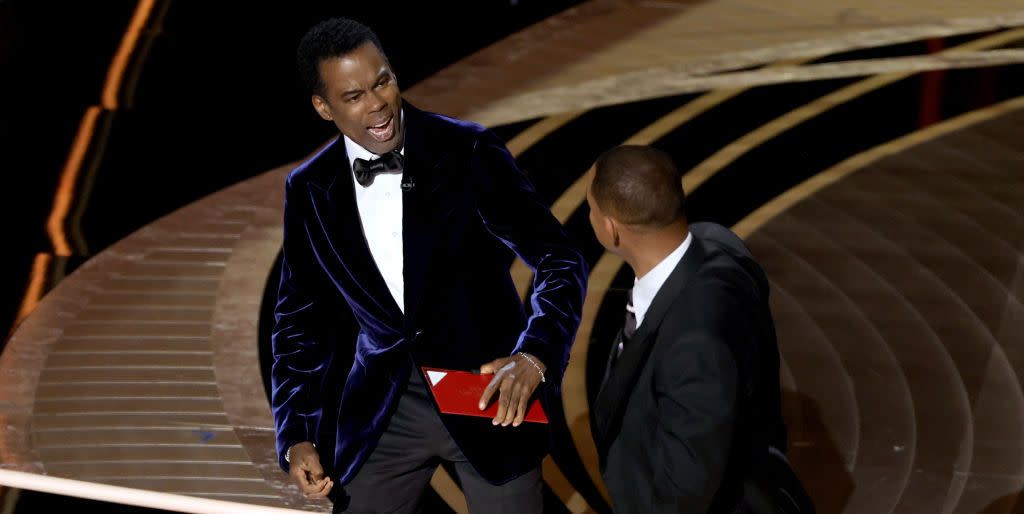 hollywood, california march 27 will smith appears to slap chris rock onstage during the 94th annual academy awards at dolby theatre on march 27, 2022 in hollywood, california photo by neilson barnardgetty images