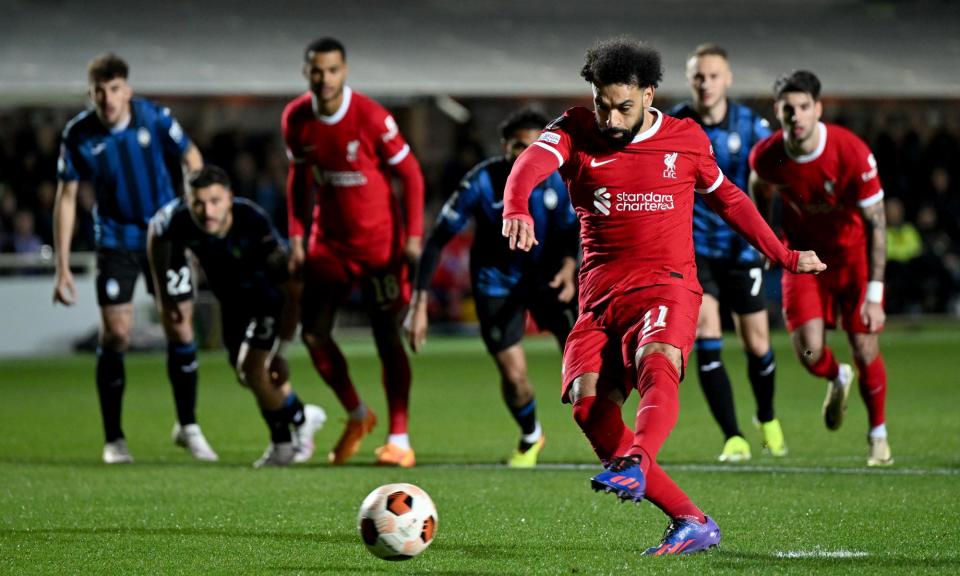 <span>Mohamed Salah scores a penalty during the first half for Liverpool.</span><span>Photograph: Andrew Powell/Liverpool FC/Getty Images</span>