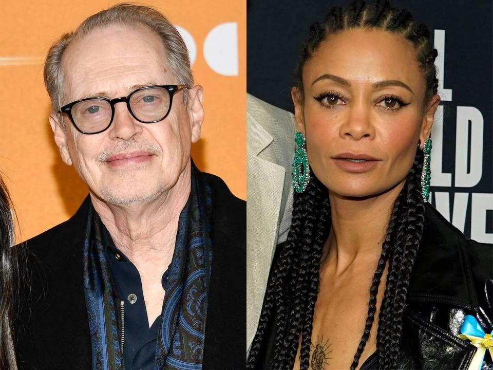 Steve Buscemi, left, in February 2024. Thandiwe Newton, right, in March 2022.