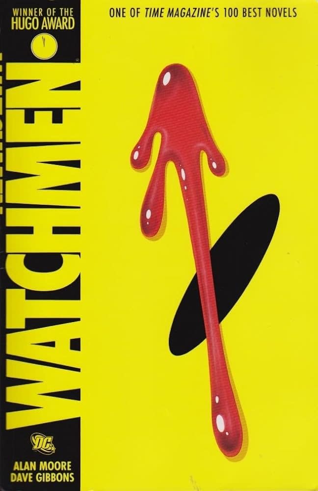 Cover of "Watchmen" graphic novel featuring a blood-splattered smiley face pin