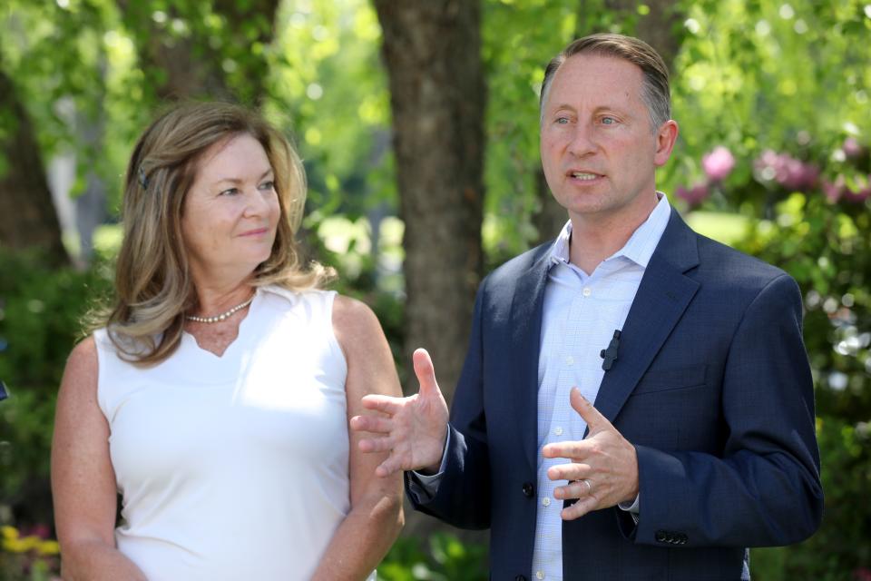 Rob Astorino, rights, stands with Putnam County Executive MaryEllen Odell at Putnam County Golf Course June 6, 2022, where Odell endorsed Astorino in his bid for the Republican Party nomination in the New York State's Governor's race. 