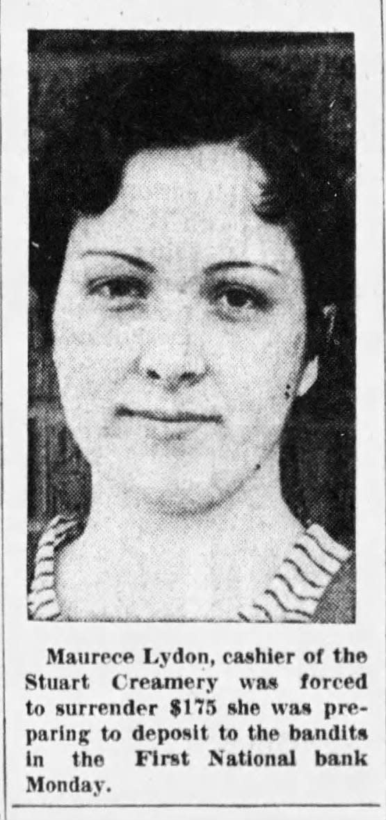 A photo of Mary Maurece Lydon was on the front page of the Des Moines Register on April 16, 1934, after she and several other people at a Stuart bank were robbed by Bonnie and Clyde.