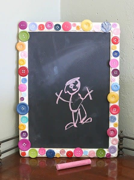 <p>Kids can use some wood, chalkboard paint, Mod Podge Collage Clay, and buttons to make their own mini chalkboards for writing their names or answers to questions. </p><p>Get the <strong><a href="https://buggyandbuddy.com/make-mini-chalkboard-kids/" rel="nofollow noopener" target="_blank" data-ylk="slk:DIY Decoden Chalkboard tutorial;elm:context_link;itc:0;sec:content-canvas" class="link ">DIY Decoden Chalkboard tutorial</a></strong> at Buggy and Buddy. </p><p><a class="link " href="https://www.amazon.com/Chalkboard-American-Crafts-ounces-366867/dp/B00I99S3BC?tag=syn-yahoo-20&ascsubtag=%5Bartid%7C10070.g.3123%5Bsrc%7Cyahoo-us" rel="nofollow noopener" target="_blank" data-ylk="slk:SHOP CHALKBOARD PAINT;elm:context_link;itc:0;sec:content-canvas">SHOP CHALKBOARD PAINT</a></p>