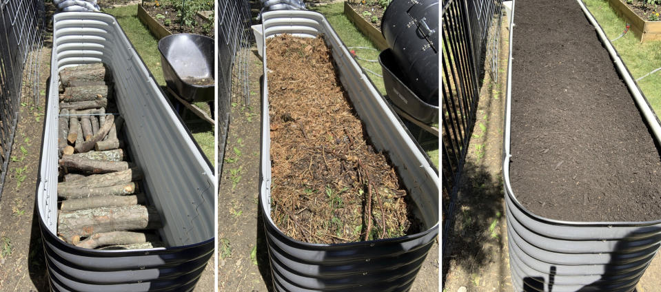 This combination of images provided by Adrianna Birnbaum show a base layer of logs used in creating a raised Hugulkultur bed, from left, a layer of garden debris and twigs used in creating a raised Hugulkultur bed and a completed raised Hugulkultur bed. (Adrianna Birnbaum/rootedheartgarden.com via AP)