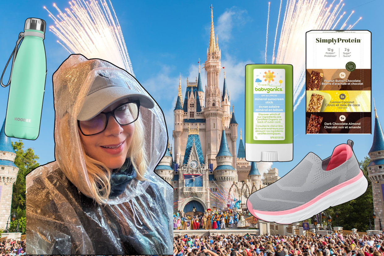 woman wearing rain poncho with water bottle, sunscreen, walking shoes, protein bars at disney world, I have been to Disney World over 25 times, these are the 13 things I always bring (Photos via Sarah DiMuro, Getty Images & Amazon).