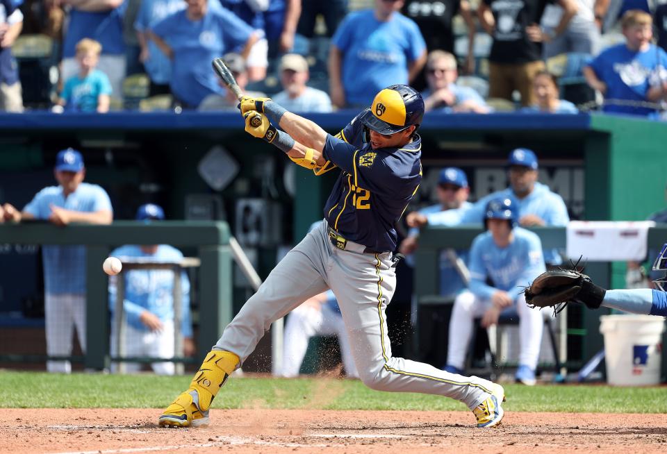 The Brewers' Christian Yelich went 0 for 5 with three groundouts, a popout and strikeout against the Royals on Wednesday in his first game since April 12.