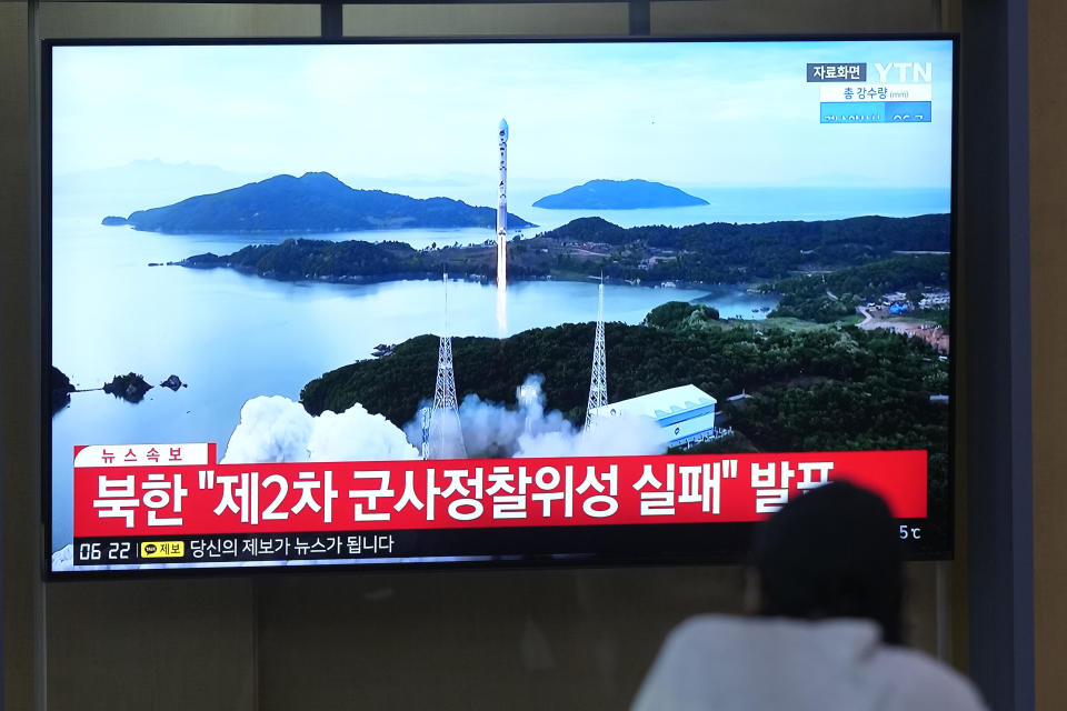 A TV screen shows a report of North Korea's rocket launch with file image during a news program at the Seoul Railway Station in Seoul, South Korea, Thursday, Aug. 24, 2023. North Korea said Thursday that its second attempt to launch a spy satellite failed but vowed to make a third attempt in October. The letters read "North Korea, announced the second attempt to launch a spy satellite failed." (AP Photo/Lee Jin-man)